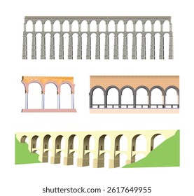 Ancient architecture. Set of aqueducts on a white background. Vector art illustration