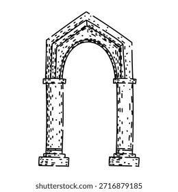 Ancient archway structure illustrating a stylized entrance or portal, conveying concepts of history, ancient times, architecture, and a gateway to past eras, presented in a line art doodle style