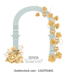Ancient archway, twined with vine and golden flowers roses in vintage style on white background.Travel vacation poster.Vector floral background.