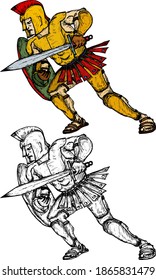 Antiker gepanzerter Krieger, der einen Schild und ein breites Schwert hält. Handgezeichnete Vektorgrafik.
