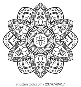 Ancient art mandala pattern with black outline on white background. Suitable for adult coloring book pages. Mandala art therapy design. Vector illustration.