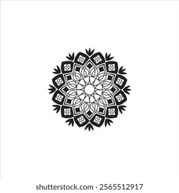 Ancient art mandala pattern with black outline on white background. Suitable for adult coloring book pages. Mandala art therapy design.