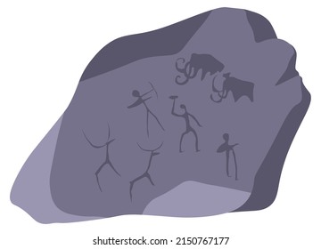 Ancient art and primitive culture development, isolated stone with drawings of people in past. Hunting scenes and civilization, history and archaeology. Prehistory mural. Vector in flat style