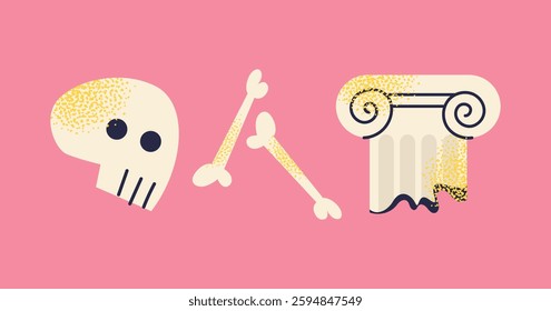 Ancient artifacts and museum objects skull, bones, and ancient column on a pink background. Colorful flat vector illustration. History, archaeology, and ancient civilization concept