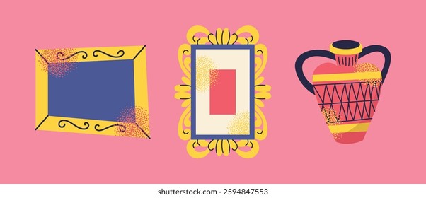 Ancient artifacts and museum objects vases, statues, columns, frames, bones, skull, tickets, and display cases on a pink background. Colorful flat vector illustration. History, archaeology cultural