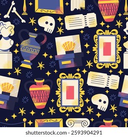 Ancient artifacts and museum seamless pattern vases, statues, columns, frames, bones, skull, tickets, and display dark background. Colorful flat vector illustration. History, archaeology cultural