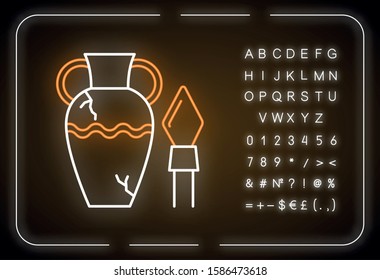 Ancient artifacts neon light icon. Greek amphora. Roman spear. Old culture. Historical discovery. Cracked clay vase. Glowing sign with alphabet, numbers and symbols. Vector isolated illustration