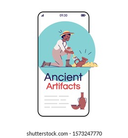 Ancient artifacts social media posts smartphone app screen. Mobile phone displays with cartoon characters design mockup. Ancient history. Archeology excavations application telephone interface