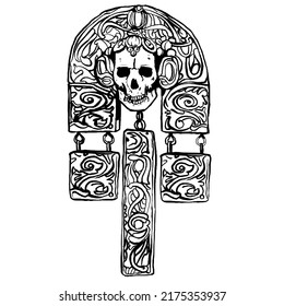 Ancient artifact-symbol of the Maya with a skull. Idea for a tattoo. Line vector illustration