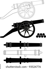 Ancient artillery gun XVIII - XIX-th century - vector isolated illustration, white background. Set. Kernels.