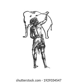An ancient artist. Primitive man draws a rock art. Hand drawing is a graphic sketch. Vector