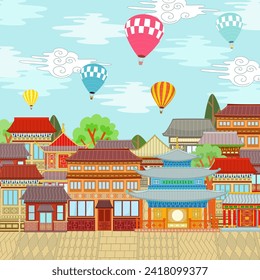 ancient asian cityscape with colorful hot air balloons in the cloudy sky