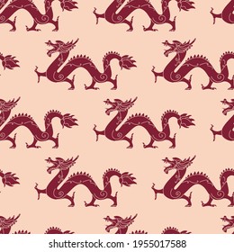 Ancient Asian dragon sculpture seamless pattern vector illustration. Traditional ethnic monster texture design. Japan fortune symbol background. 