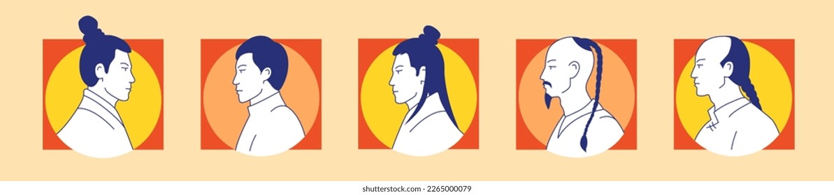 Ancient asian men vector flat icons set. Chinese character with different hairstyle. Profile portraits. Hand drawn trendy logo design illustration. Bright history print, poster, t-shirt retro style