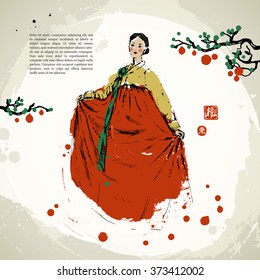 Ancient Asian painting. Traditional Korean style. Young woman in national dress. Harvest festival. Hand drawn. Dry brush stroke background. Stamps for 'Happiness' and 'Delight'. Text template. Vector.