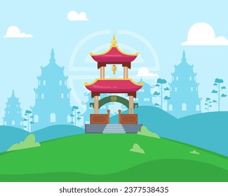 Ancient Asian temple illustration. Traditional Chinese buildings on background. Religious place of worship with beautiful architecture. Divine architecture concept.