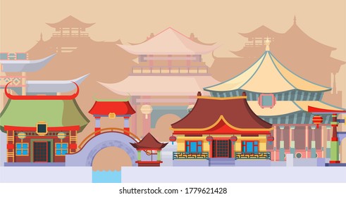 Ancient asian temples and buildings illustration. Traditional Chinese buildings with round bridges arches famous Japanese pagodas bright colors historic quarters Korean city. Vector cartoon east.