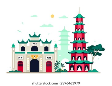 Ancient Asian temples - modern colored vector illustration with Thien Mu Pagoda and Hanoi citadel. Architecture and national heritage of Vietnam, places for tourist visit and oriental nature idea