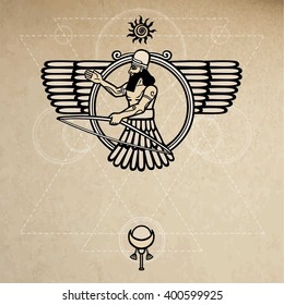 Ancient Assyrian deity. Background - imitation of old paper.