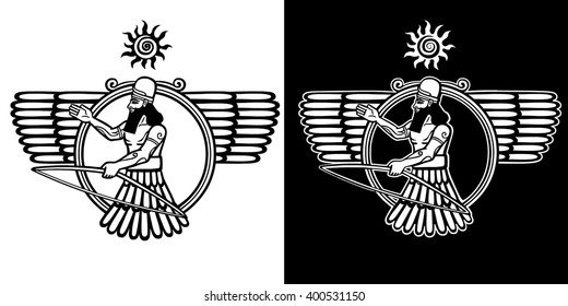 Ancient Assyrian deity winged archer. The linear isolated drawing. Black and white option.