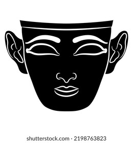 Ancient Assyrian human mask. Stylized lop-eared face. Black and white negative silhouette.