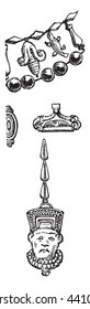 Ancient Assyrian jewel and earring, found in Nineveh in Iraq,  preserved at the Louvre Museum.From Fine Arts Book, vintage engraving, 1880.
