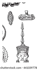 Ancient Assyrian jewels, found in Nineveh in Iraq,  preserved at the Louvre Museum. From Fine Arts Book, vintage engraving, 1880.
