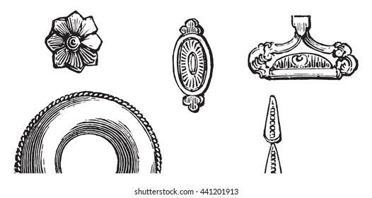 Ancient Assyrian jewels, found in Nineveh in Iraq,  preserved at the Louvre Museum. From Fine Arts Book, vintage engraving, 1880.
