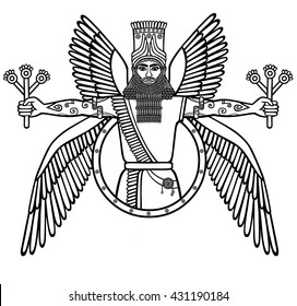 Ancient Assyrian winged deity. Character of Sumerian mythology. The linear black-and-white drawing isolated on a white background. Vector illustration.