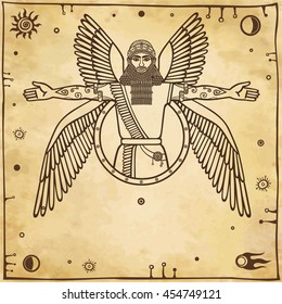 Ancient Assyrian winged deity. Character of Sumerian mythology. A background - imitation of old paper. Vector illustration.