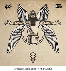  Ancient Assyrian winged deity. Character of Sumerian mythology. Space symbols. Background - imitation of old paper. Vector illustration.