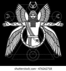 Ancient Assyrian winged deity. Character of Sumerian mythology.  Sacred geometry. Monochrome drawing, vector illustration. Print, posters, t-shirt, textiles. Occultism, alchemy, magic concept.