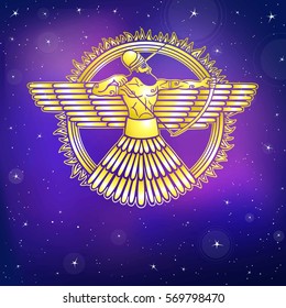 Ancient Assyrian winged deity. Character of Sumerian mythology. Gold imitation. A background - the night star sky. Vector illustration.