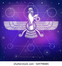 Ancient Assyrian winged deity. Character of Sumerian mythology. Esoteric symbol, sacred geometry. A background - the night star sky. Vector illustration.