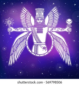 Ancient Assyrian winged deity. Character of Sumerian mythology. A background - the night star sky. Vector illustration.