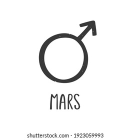 Ancient astrological symbol of Mars. Minimalistic caption icon isolated on a white background. Vector hand drawn illustration