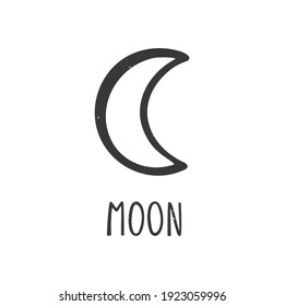 Ancient astrological symbol of Moon. Minimalistic caption icon isolated on a white background. Vector hand drawn illustration