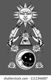 An ancient astronomical illustration of the sun, the moon, the stars, the rose, the eye in the graphic style of the antique. 