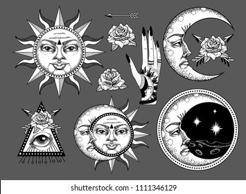 An ancient astronomical illustration of the sun, the moon, the stars, the rose, the eye in the graphic style of the antique. 