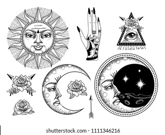 An ancient astronomical illustration of the sun, the moon, the stars, the rose, the eye in the graphic style of the antique. 