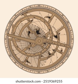 Ancient astronomical instrument astrolabe for measuring horizontal angles and determining latitudes and longitudes of celestial bodies. Object isolated on beige background