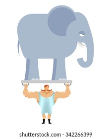 Ancient athlete and elephant. Vintage circus strongman. Bodybuilder with big moustaches acts in circuses. Power room with an animal from jungle. Retro strong man and wild beast