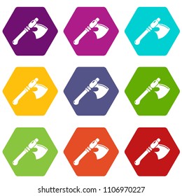 Ancient ax weapon icons 9 set coloful isolated on white for web