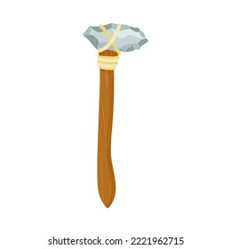 Ancient axe from wood and stone connected with rope vector illustration. Primitive equipment from stone and wood of prehistoric people or barbarians for hunting isolated on white background. History