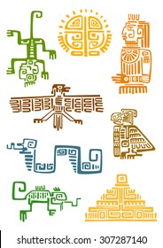 Ancient aztec and maya ornamental symbols of sun, god idol, pyramid, eagle, raven, monkey, sneak, lizard. For totem animal, religion or tattoo design