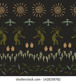 Ancient aztec or mayan american vector ethnic tribal motifs seamless pattern. Folk design with lizard, Kokopelli fertility deity, sun, eagle, cacti. American indian ornament fabric prin.