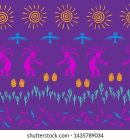 Ancient aztec or mayan american vector ethnic tribal motifs seamless pattern. Traditional design with lizard, Kokopelli fertility deity, sun, eagle, cacti. American indian art abstract pattern.