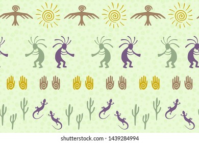 Ancient aztec or mayan american vector ethnic tribal motifs seamless pattern. Folk design with humpbacked man playing flute musical instrument. American indian desert wildlife pattern.