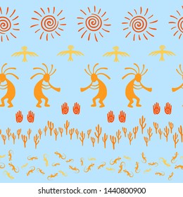 Ancient aztec or mayan american vector ethnic tribal motifs seamless pattern. Aborigine design with dancing god music spirit, wild nature, spiral signs. American indian character illustration.