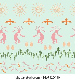 Ancient aztec or mayan american vector ethnic tribal motifs seamless pattern. Traditional design with gecko, Kokopelli fertility god, sun, bird, cacti. American indian ornament fabric prin.